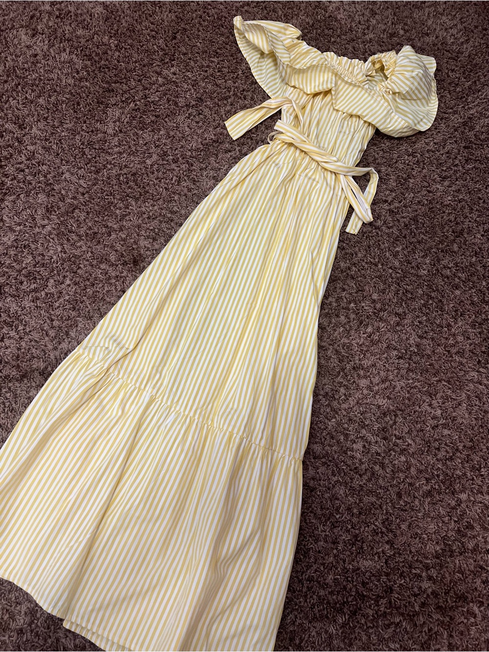 Yellow Striped Off-Shoulder Maxi Dress with Waist Tie